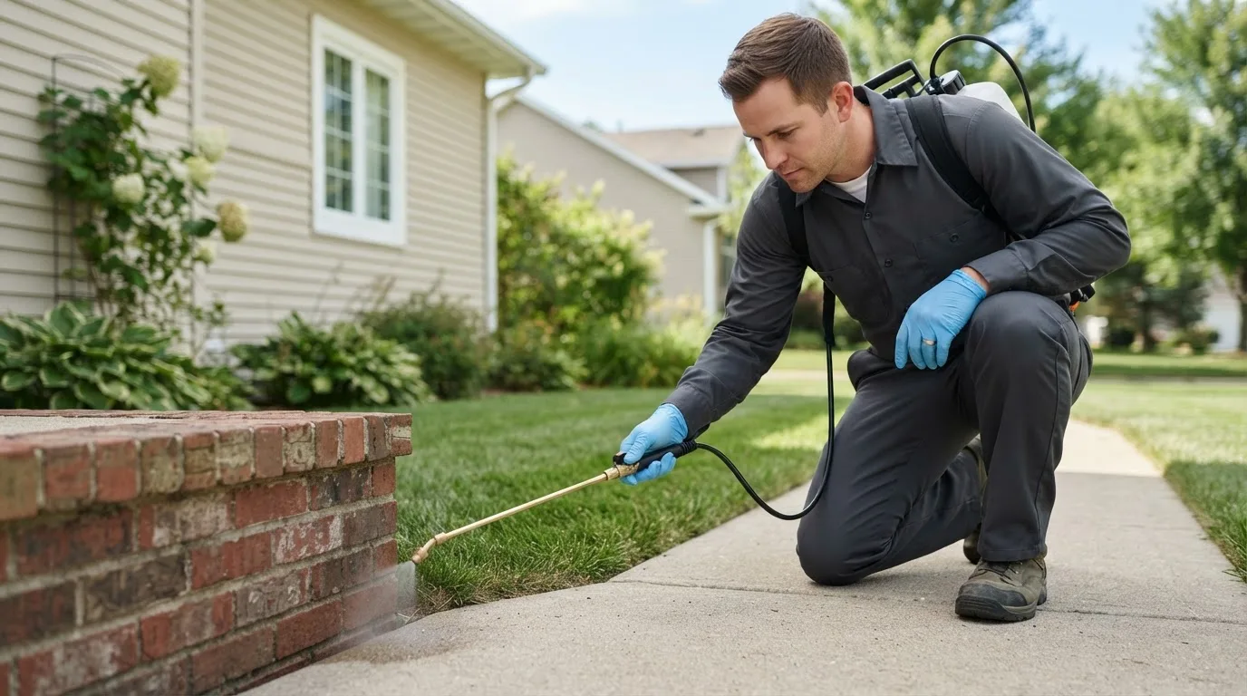 Pest control technician treating a home near Mendon, MI