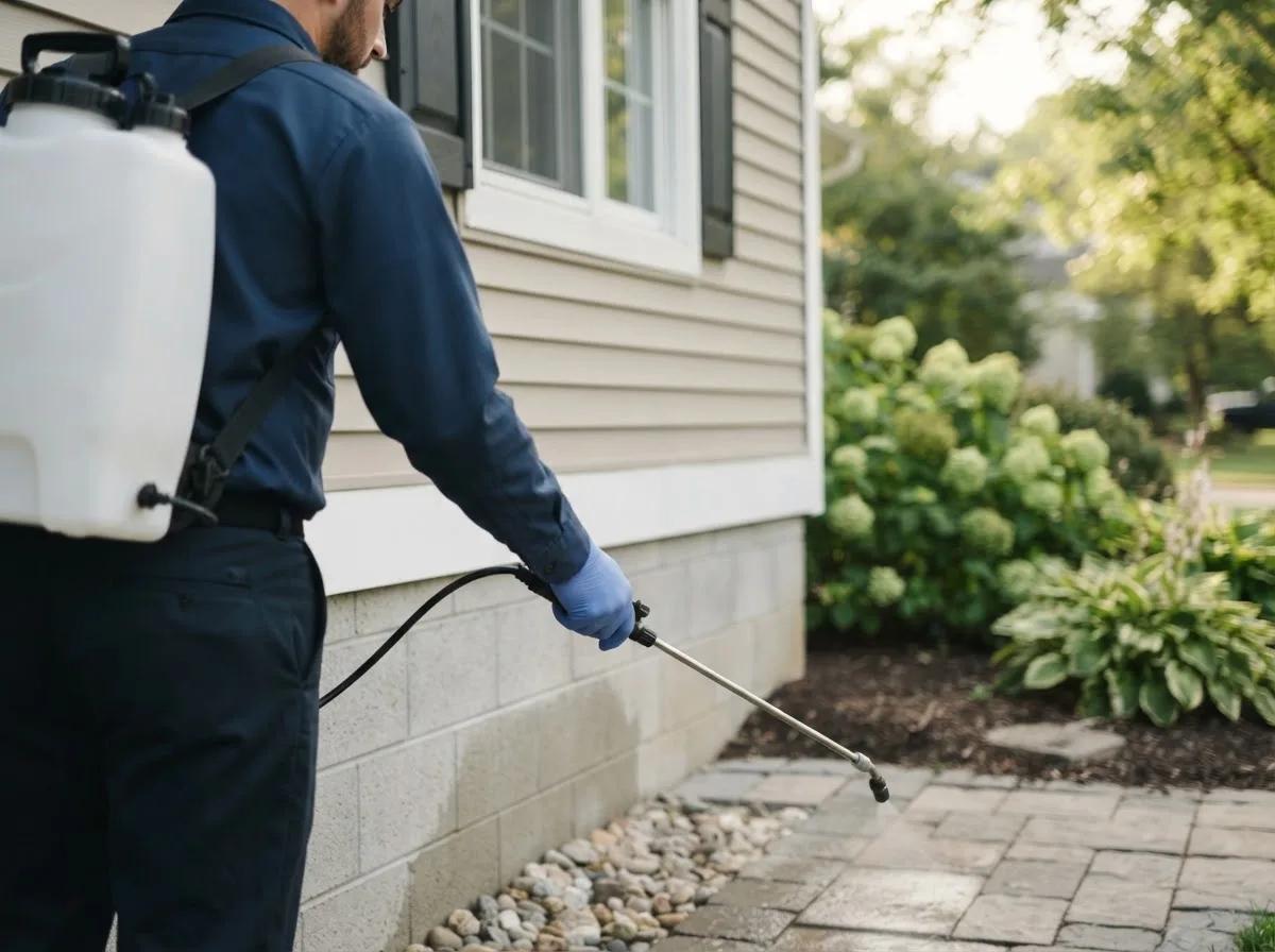 Pest control technician inspecting a home in Mendon, MI